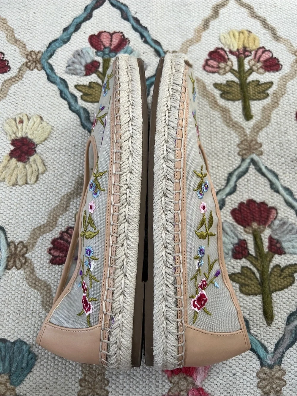 Jessica Simpson Beige Canvas Floral Embroidered Espadrilles